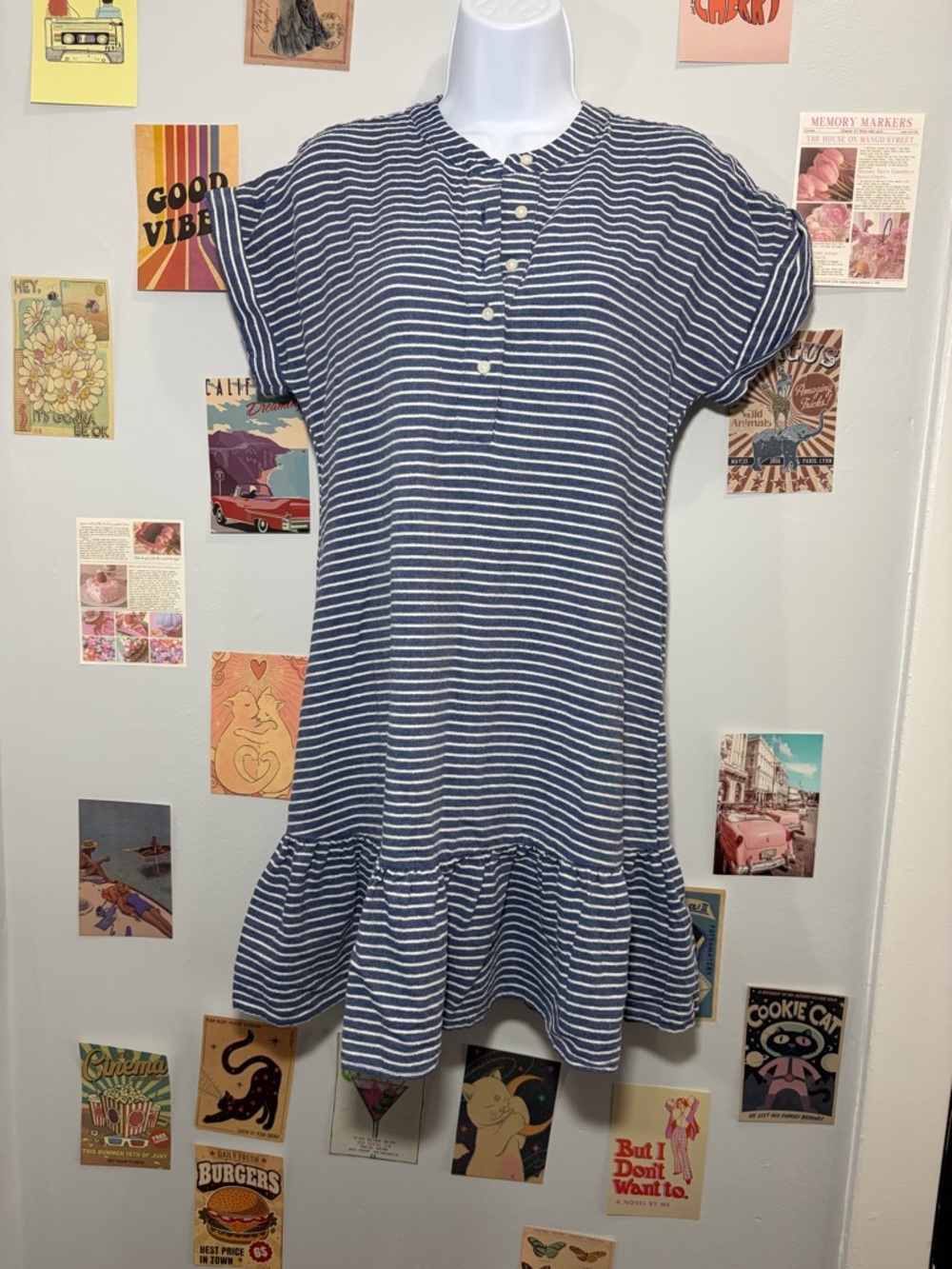 Tommy Hilfiger Navy and White Striped Ruffle-Hem Dress